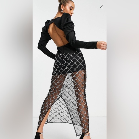 BNWT ASOS Design Puff Sleeve Rhinestone Embellished Skirt Maxi Dress ! Size 12! - Picture 4 of 4